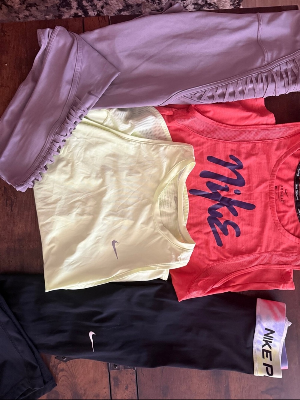 Nike womens Coral Logo Tank with Yellow Performance Tee and Lavender Leggings